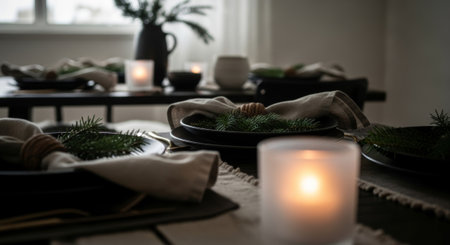 A cozy dining table set for a meal. Plates with greenery, candles, and a vase with leaves create a warm atmosphere. Soft lighting enhances the inviting scene.の素材