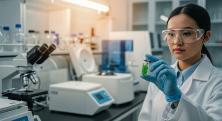 Young Asian woman in a laboratory wearing glasses and gloves, holding a green liquid in a vial. Laboratory equipment is visible in the background.の素材