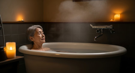 Senior Asian woman relaxing in a bathtub filled with water. Soft candlelight creates a calming atmosphere. Steam rises, enhancing the serene environment.の素材