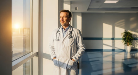 A middle-aged Caucasian man in a white lab coat stands by a window in a hospital. He has short brown hair and a stethoscope around his neck, looking thoughtfully outside.の素材