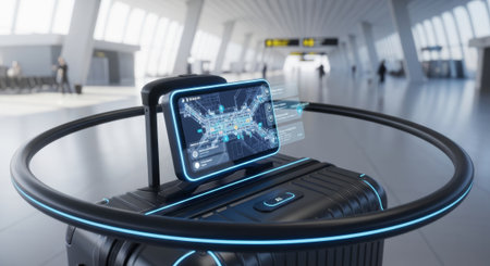 A modern suitcase with a digital display at an airport. The suitcase features a circular handle and a smartphone showing a map. The terminal is bright and spacious.の素材