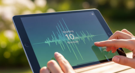 A person interacts with a tablet displaying a sound wave graphic. The scene is outdoors with greenery in the background. The individual has light skin and is focused on the screen.の素材