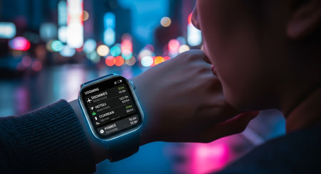 A young Asian woman looks at a smartwatch displaying notifications in a vibrant city at night. Neon lights illuminate the background, creating a modern urban atmosphere.の素材