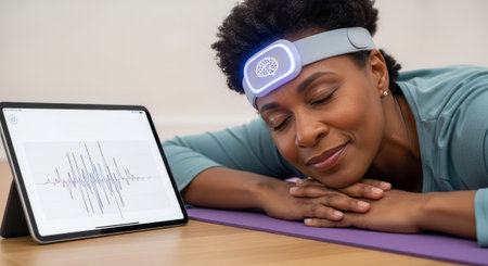 A young Black woman with short curly hair relaxes on a yoga mat. She wears a headband with a light and is focused on a tablet displaying a graph.の素材