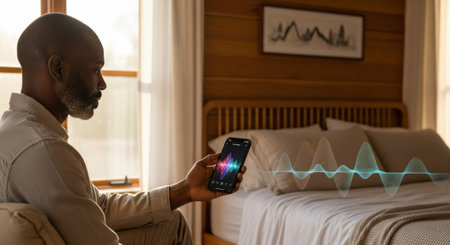 A senior African man sits on a bed, holding a smartphone. The room has wooden walls and a bed with white lines. Sound waves are illustrated on the screen.の素材