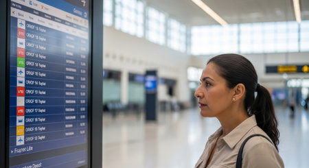 A young Hispanic woman with long dark hair stands in an airport, looking at a flight information display board. The terminal is bright and modern.の素材