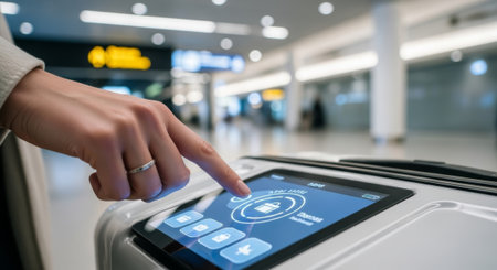 A close-up of a hand interacting with a touchscreen interface at an airport. The background shows a modern terminal with blurred travelers.の素材