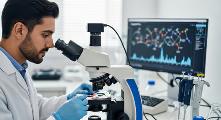 Young European man with dark hair using microscope in laboratory with scientific data on computer screen, research and technology concept.の素材