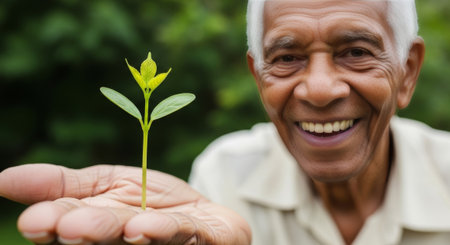 Senior African man smiles while holding a small green plant in his hand. The background features lush greenery, emphasizing themes of growth and sustainability.の素材