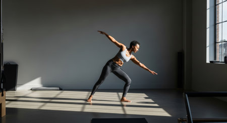 A young Black woman performs a dance move in a sunlit studio. She wears a black sports bra and leggings, showing her athleticism and grace.の素材