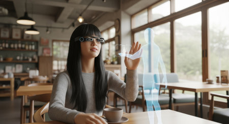 Young Asian woman with long black hair interacts with a holographic display in a modern cafÃ©. She wears smart glasses and sits at a wooden table with a cup.の素材