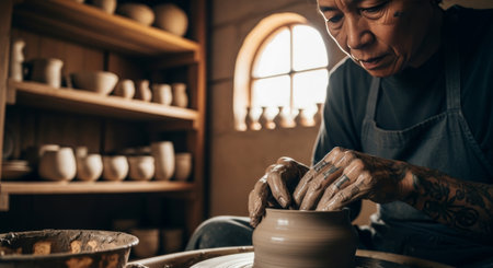 An elderly Asian man with tattoos shapes clay on a pottery wheel in a workshop. Shelves filled with pottery are visible in the background.の素材