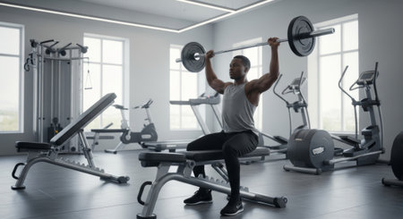 A young black man lifts a barbell in a modern gym. The features gym various exercise equipment and large windows allowing natural light.の素材