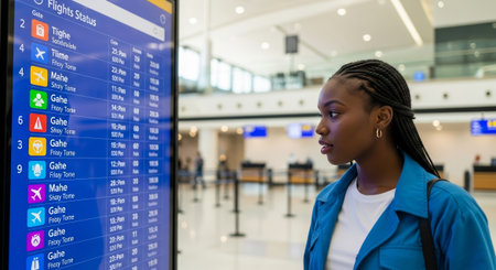 A young African woman with braided hair looks at a flight information board in an airport. She wears a blue jacket and appears focused on the display.の素材