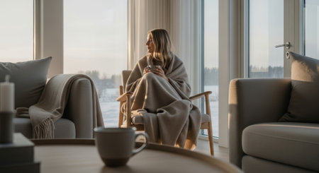 A young Caucasian woman with long blond hair sits in a cozy chair, wrapped in a blanket, holding a cup, gazing out of large windows at a winter landscape.の素材