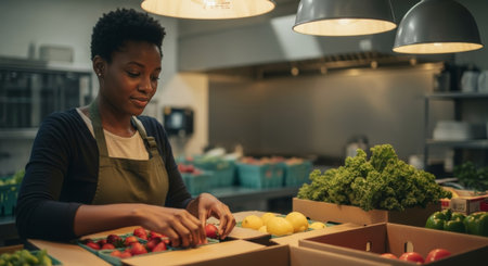 A young African woman with short hair prepares fresh fruits and vegetables in a market kitchen. She is focused on her task, surrounded by colorful produce.の素材