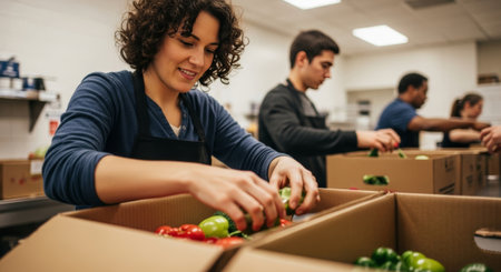 A young Hispanic woman with curly hair sorts vegetables in a box. Two men, one Caucasian and one African, assist in the background. The scene is in a food distribution center.の素材