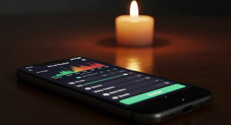 A smartphone displaying a music app with sound wave graphics next to a lit candle on a wooden surface. The scene is cozy and modern.の素材