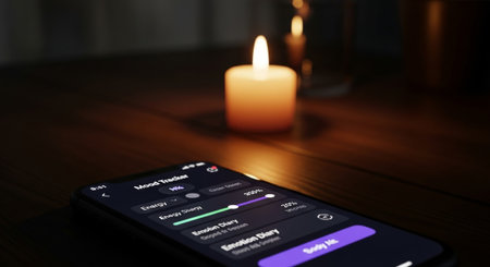 A smartphone lies on a wooden table next to a lit candle. The phone screen displays a user interface with various settings and options.の素材