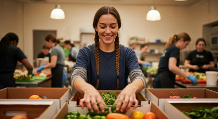 A young Hispanic woman with long brown hair smiles while sorting vegetables in a community kitchen. Other diverse volunteers are working in the background.の素材