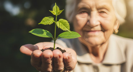 An elderly Caucasian woman with gray hair smiles while holding a small green plant in her hands. The background is blurred, emphasizing her and the plant.の素材