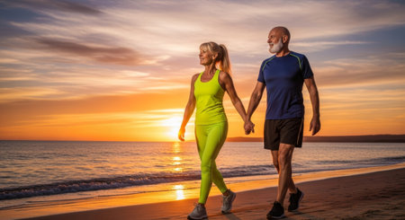 A senior Caucasian man and a middle-aged blond woman walk hand in hand along a beach at sunset. The sky is vibrant with orange and purple hues.の素材