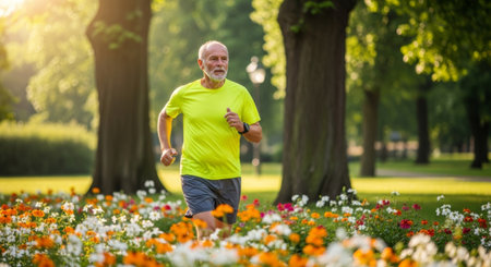 Senior Caucasian man jogging in a park surrounded by colorful flowers and green trees. Bright sunlight illuminates the scene, creating a vibrant atmosphere.の素材