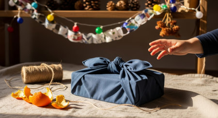 A wrapped gift in blue fabric sits on a table. Nearby, a hand reaches for the gift. Oranges and twine are also present, creating a cozy atmosphere.の素材