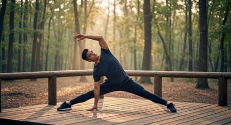 A young Hispanic man performs a stretching exercise on a wooden platform in a forest. Sunlight filters through the trees, creating a serene atmosphere.の素材