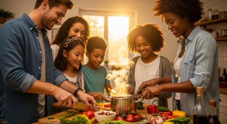 A diverse group of six people cooking together in a kitchen. They are chopping vegetables and stirring a pot on the stove. Warm sunlight streams through the window.の素材