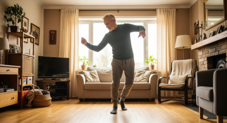 Senior Caucasian man dancing in a cozy living room. Natural light streams through large windows, illuminating the wooden floor and comfortable furniture.の素材