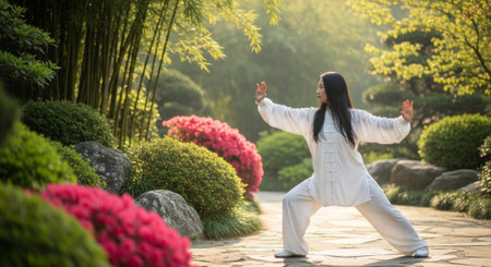 A young Asian woman practices Tai Chi in a serene garden. Lush greenery and colorful flowers surround her, creating a peaceful atmosphere.の素材