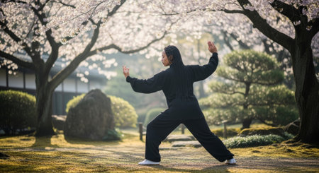 A young Asian woman practices Tai Chi in a serene garden surrounded by cherry blossom trees. The scene conveys tranquility and mindfulness.の素材