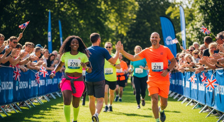 A diverse group of runners, including a young Black woman in bright pink and a middle-aged Caucasian man in orange, celebrate at a marathon finish line with cheering spectators.の素材