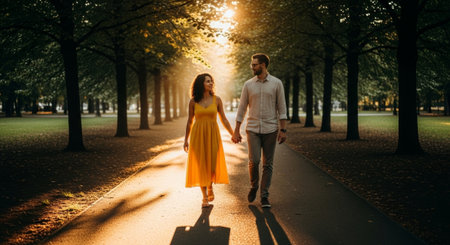 A young Hispanic woman in a yellow dress and a tall Caucasian man in a white shirt walk hand in hand along a tree-lined path during sunset.の素材