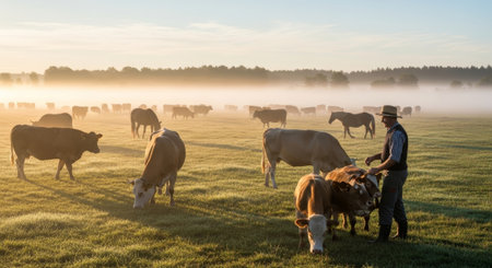 A farmer herds cows in a misty field at sunrise. The scene captures a tranquil rural landscape with grazing cattle and soft morning light.の素材