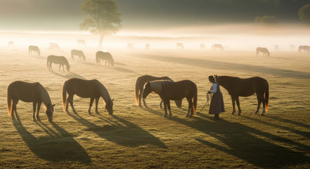 A woman in a long dress interacts with horses in a misty field. Several horses graze peacefully in the background under soft morning light.の素材