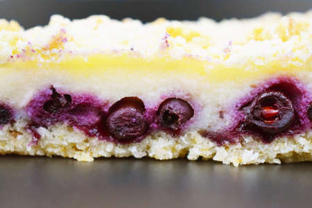 piece of pie with purple berries in a white biscuit. cutaway cake closeupの写真素材