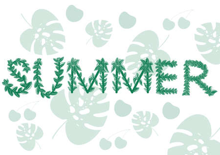 Green word summer on a background of leaves and berries. Summer background.の写真素材