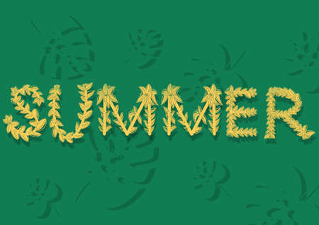 Yellow word summer on a green background with leaves. Summer background.の写真素材