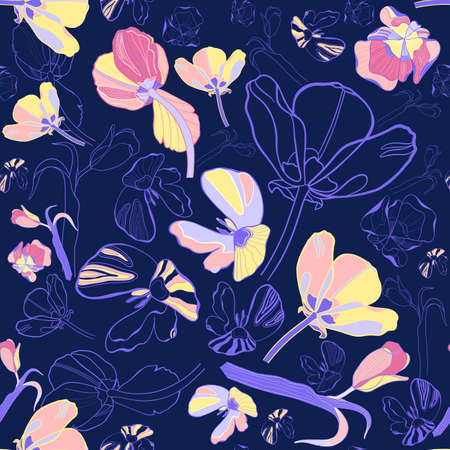 Seamless floral pattern with tulips. Flowers on a dark purple background.の写真素材