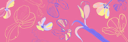 Banner with tulips. Flowers on a pink background. Floral background.の写真素材