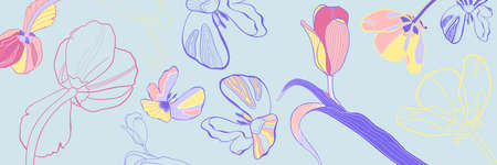 Spring banner with tulips. Flowers on a blue background. Floral background.の写真素材