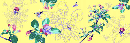 Spring banner with flowering apple tree branches, bees and ladybirds. Flowers on a yellow background. Floral background.の写真素材