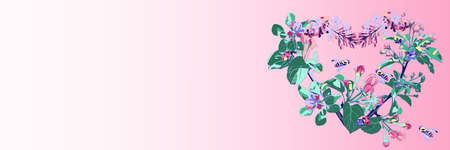 Blooming heart on a pink background. Spring banner with flowers and bees.の写真素材