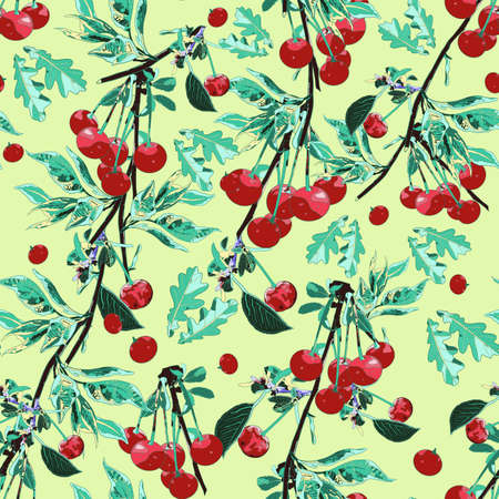 Cherry berries and leaves on a green background. Seamless pattern.の写真素材