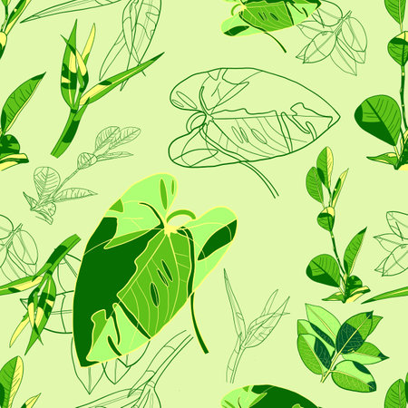 Green leaves on a green background. Seamless pattern with leaves.の写真素材