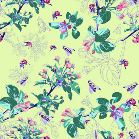 Spring seamless pattern with blossoming apple tree branches, bees and ladybirds. Flowers on a green background. Floral background.の写真素材