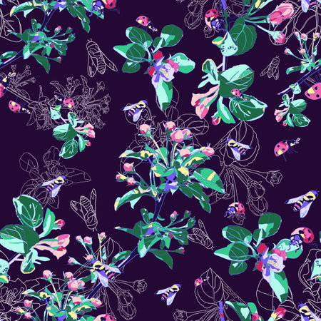 Spring seamless pattern with blossoming apple tree branches, bees and ladybirds. Flowers on a purple background. Floral background.の写真素材