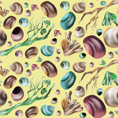 Seamless pattern with multi-colored seashells and branches on a yellow background.の写真素材